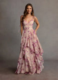 Mauve Floral Chiffon Floor Length V-Neck Maxi Prom Dress