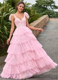 Ball-Gown/Princess Sweetheart Floor-Length Tulle Lace Prom Dresses With Bow Appliques Lace