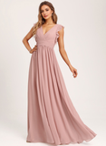 A-line V-Neck Floor-Length Chiffon Bridesmaid Dress With Ruffle