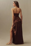 Strapless Side-Slit Stretch Satin Maxi Dress