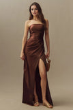 Strapless Side-Slit Stretch Satin Maxi Dress