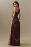 One-Shoulder Side-Slit Stretch Satin Maxi Bridesmaid Dress