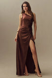 One-Shoulder Side-Slit Stretch Satin Maxi Bridesmaid Dress