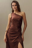 One-Shoulder Side-Slit Stretch Satin Maxi Bridesmaid Dress