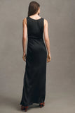 Boat-Neck Satin Floor-Length Sleeveless Party Dress with Silt