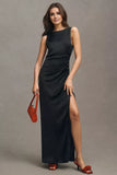 Boat-Neck Satin Floor-Length Sleeveless Party Dress with Silt