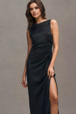 Boat-Neck Satin Floor-Length Sleeveless Party Dress with Silt