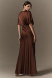 Flutter Sleeve Deep-V Satin Maxi Dress