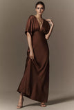 Flutter Sleeve Deep-V Satin Maxi Dress