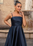 A-line Straight Floor-Length Satin Prom Dresses With Pleated