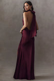 High-Neck Backless Halter Satin Gown With Silt