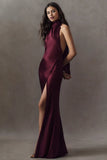 High-Neck Backless Halter Satin Gown With Silt