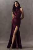 High-Neck Backless Halter Satin Gown With Silt