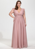 Plus Size A-line V-Neck Floor-Length Chiffon Bridesmaid Dress With Ruffle