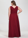 Plus Size A-line V-Neck Floor-Length Chiffon Bridesmaid Dress With Ruffle