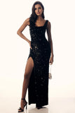 Sleeveless Square-Neck Sequin Side-Slit Maxi Prom Dress