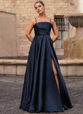 A-line Straight Floor-Length Satin Prom Dresses With Pleated