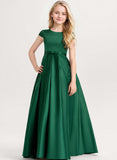 Ball-Gown/Princess Scoop Floor-Length Satin Lace Junior Bridesmaid Dress With Bow