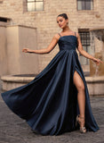 A-line Straight Floor-Length Satin Prom Dresses With Pleated