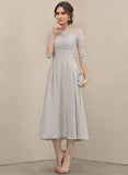 A-line Scoop Illusion Tea-Length Chiffon Lace Mother of the Bride Dress With Sequins Beading