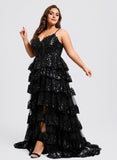 Plus Size Ball-Gown/Princess V-Neck Sweep Train Lace Prom Dresses With Sequins