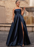 A-line Straight Floor-Length Satin Prom Dresses With Pleated