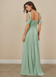 Pleated Off Shoulder Chiffon A-Line Bridesmaid Dress