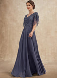 A-line V-Neck Floor-Length Chiffon Lace Mother of the Bride Dress With Sequins Beading