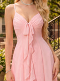 Spaghetti Strap V-Neck Bow Tie Front Ruffle Cascade Chiffon A-Line Mini Dress