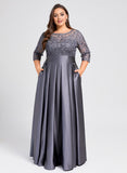 A-line Scoop Illusion Floor-Length Satin Lace Mother of the Bride Dress With Sequins Bow