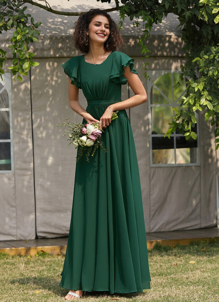 A-line Scoop Floor-Length Chiffon Bridesmaid Dress With Ruffle RoseProm A-line Scoop Floor-Length Chiffon Bridesmaid Dress With Ruffle RoseProm