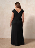 Plus Size V-Neck Cap Sleeve Crossover Ruched Jersey Sheath Mother of the Bride Dress with Side Slit