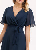 A-line V-Neck Asymmetrical Chiffon Bridesmaid Dress With Bow Pleated