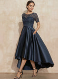 A-line Scoop Illusion Asymmetrical Satin Lace Mother of the Bride Dress