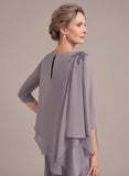 2-Piece Boat Neck 3/4 Sleeve Beaded Shoulder Asymmetric Tiered Chiffon Pantsuit
