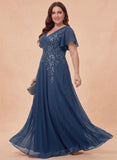 Plus Size V-Neck Flutter Sleeve Sequin Floral Embroidered Chiffon A-Line Mother of the Bride Dress