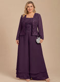 3-Piece Square Neck Beaded Floral Camisole Top, Long Sleeve Chiffon Jacket & Tiered Wide-Leg Pants Mother of the Bride Pantsuit