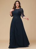 A-line Scoop Floor-Length Lace Chiffon Mother of the Bride Dress With Cascading Ruffles Sequins