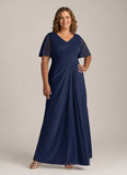 Plus Size V-Neck Flutter Sleeve Ruched Chiffon Mother of the Bride Dress