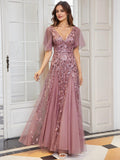 V Neck Ruffle Sleeves Sequin Maxi Long Evening Dress