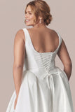 Square Neck Wide Strap Boned Corset Pockets A-Line Satin Wedding Dress with Train