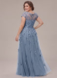 V-Neck Cap Sleeve Allover Rose Lace Applique Tulle A-Line Mother of the Bride Dress