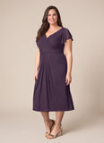 V-Neck Flutter Sleeve Ruched Waist Chiffon Tea Length Mother of the Bride Dress