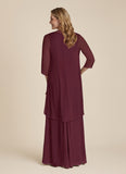 2-Piece V-Neck Cascade Ruffle Chiffon Mother of the Bride Dress with 3/4 Sleeve Jacket