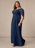 Plus Size Scoop Neck Illusion Lace Applique Chiffon Cape Sleeve Ruched A-Line Mother of the Bride Dress