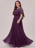 Plus Size Illusion Scoop Neck Sequin Lace Cape Sleeve Ruched Waist A-Line Chiffon Mother of the Bride Dress