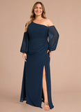 Plus Size One Shoulder Lantern Sleeve Side Ruched Front Slit Chiffon Evening Dress