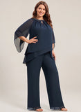 Plus Size Beaded Jewel Neck Keyhole Batwing Sleeve Asymmetric Tiered Chiffon Pantsuit