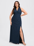 Plus Size Trumpet/Mermaid Halter Off the Shoulder One Shoulder V-Neck Floor-Length Chiffon Bridesmaid Dress With Ruffle