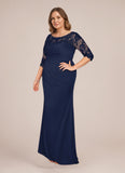 Plus Size Scoop Neck Illusion Lace Applique 3/4 Sleeve Diagonal Ruched Sheath Mother of the Bride Dress